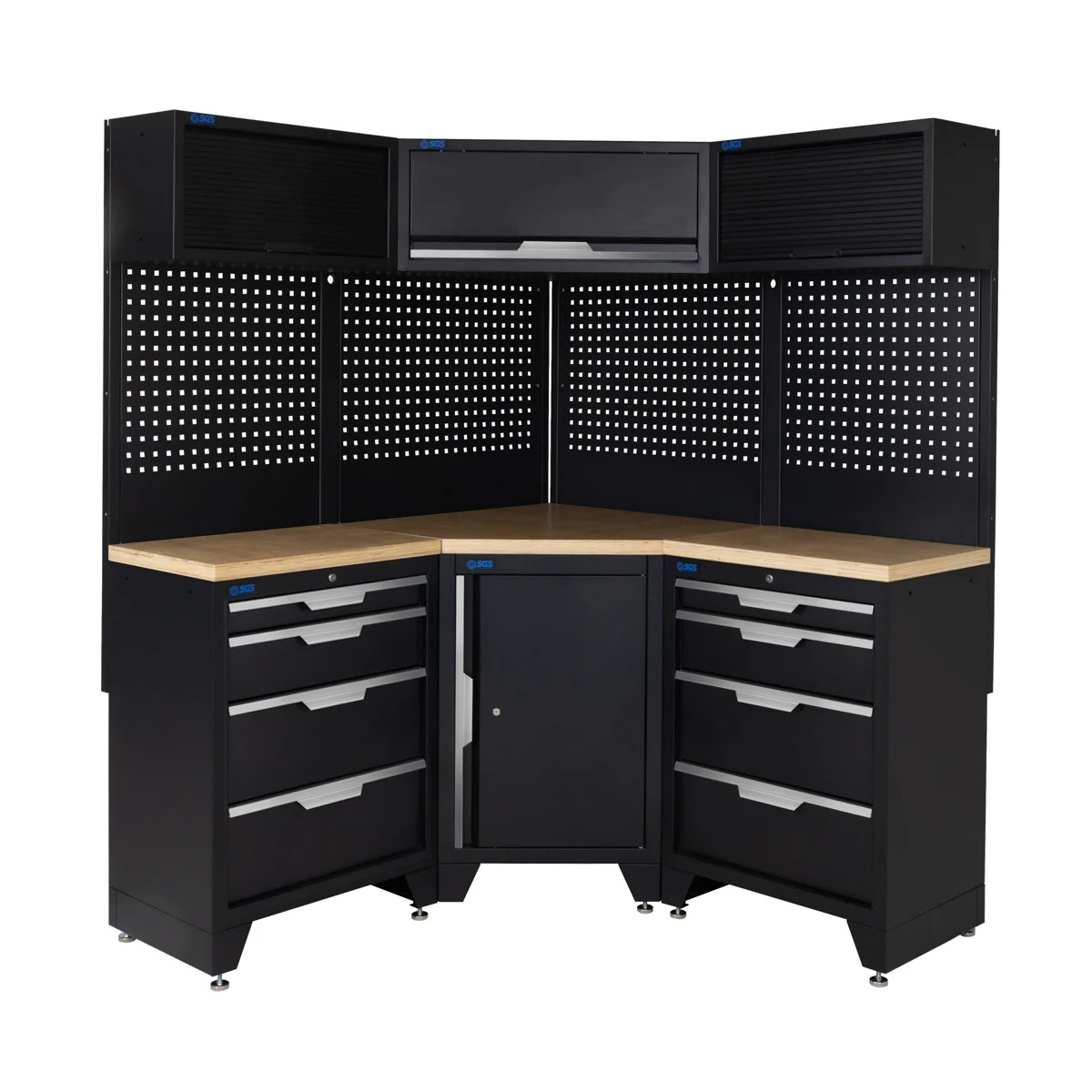 SGS 10pc Corner Garage Storage System | 8 Drawers | Pressed Wood Worktop | Corner Floor Cabinet | 3x Upper Cabinets